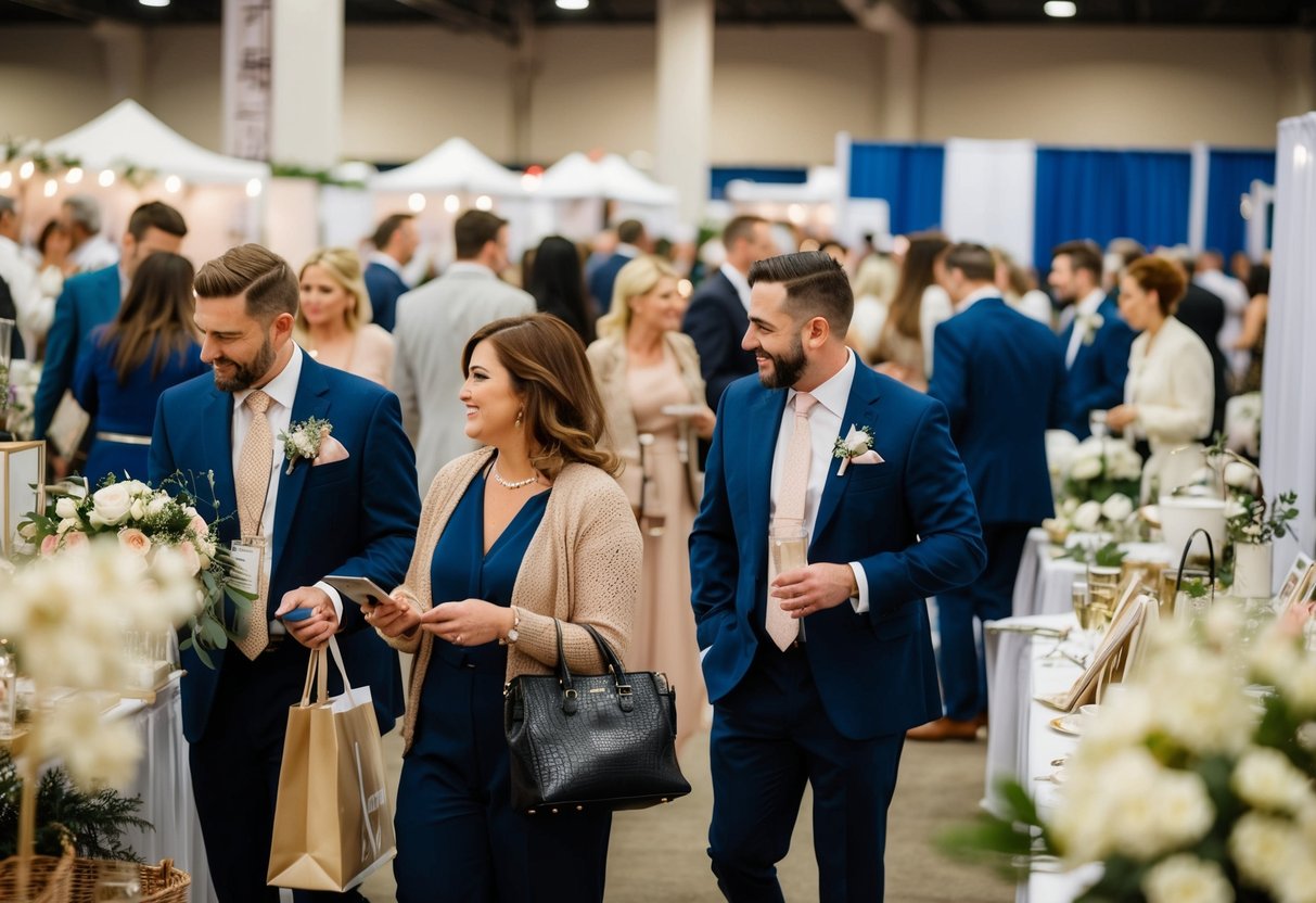 A bustling wedding expo with vendors and couples browsing