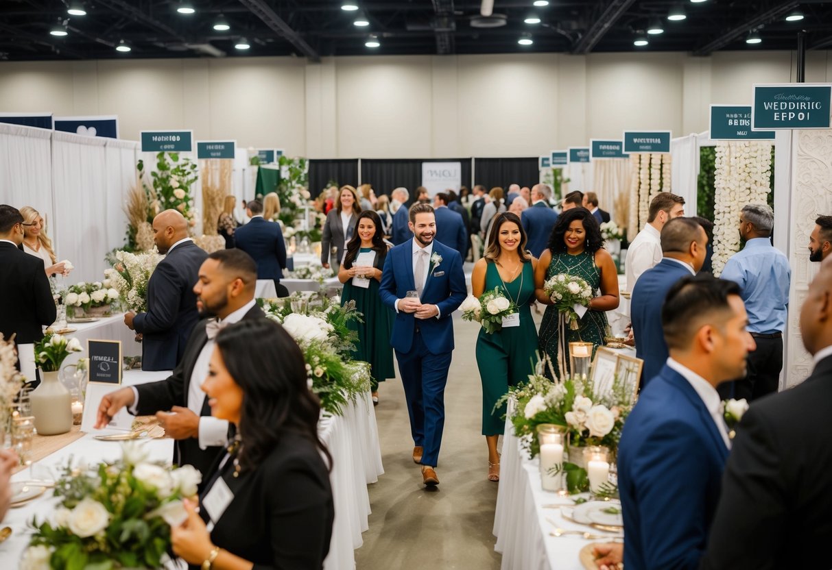 A bustling wedding expo with vendors showcasing modern decor, sustainable options, and diverse cultural influences