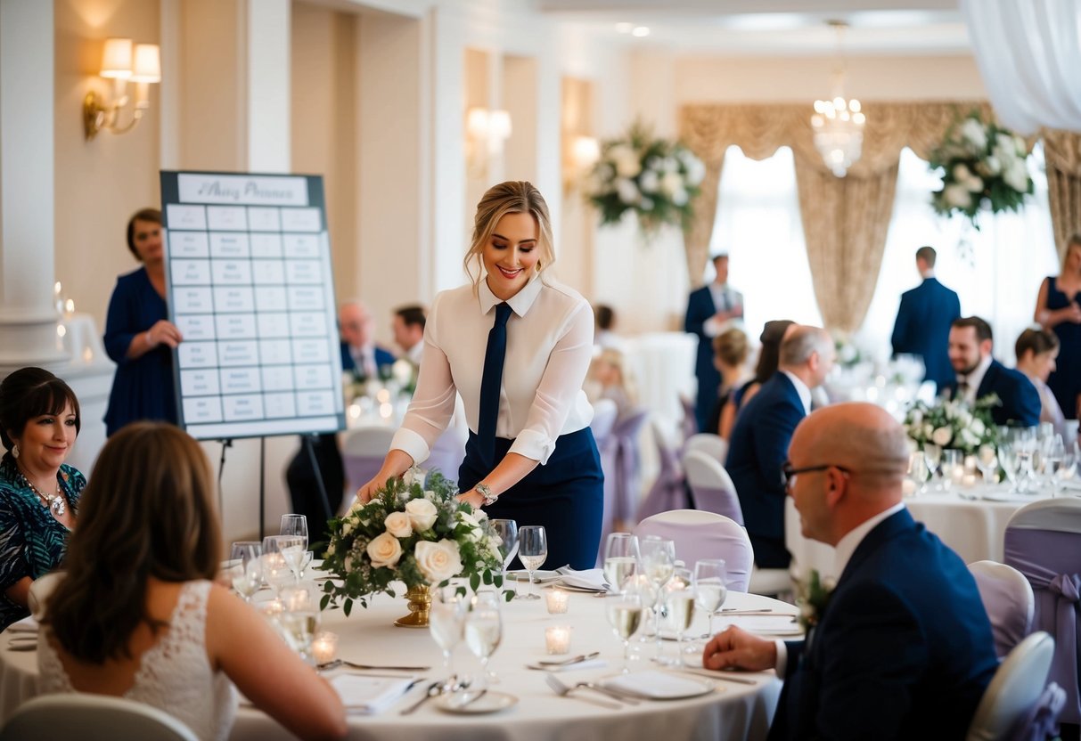 A wedding planner in the UK organizes seating charts and decorates reception venues