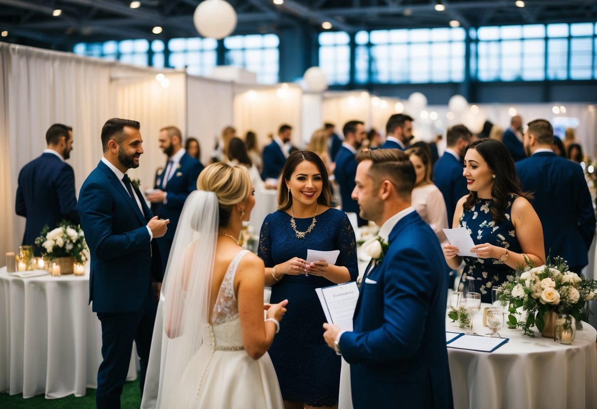 A bustling wedding expo with vendors and couples discussing venue options and trends in the UK