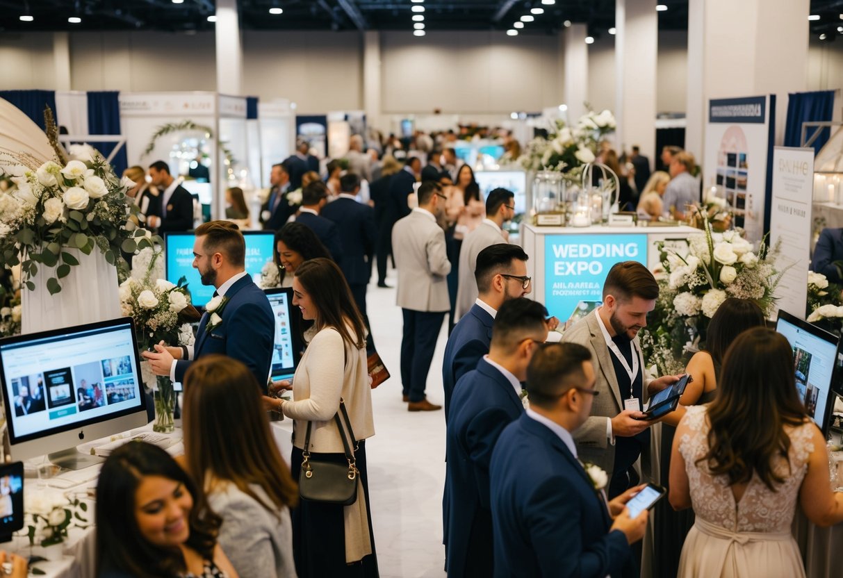 A bustling wedding expo with vendors showcasing the latest technology for event planning and decor. Couples eagerly gather information and browse digital displays