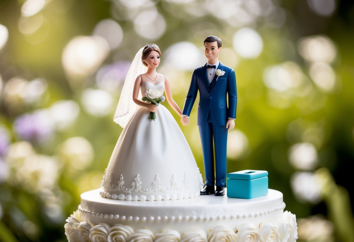 A bride and groom figurine standing on a beautifully decorated wedding cake, with a small money box nearby for contributions