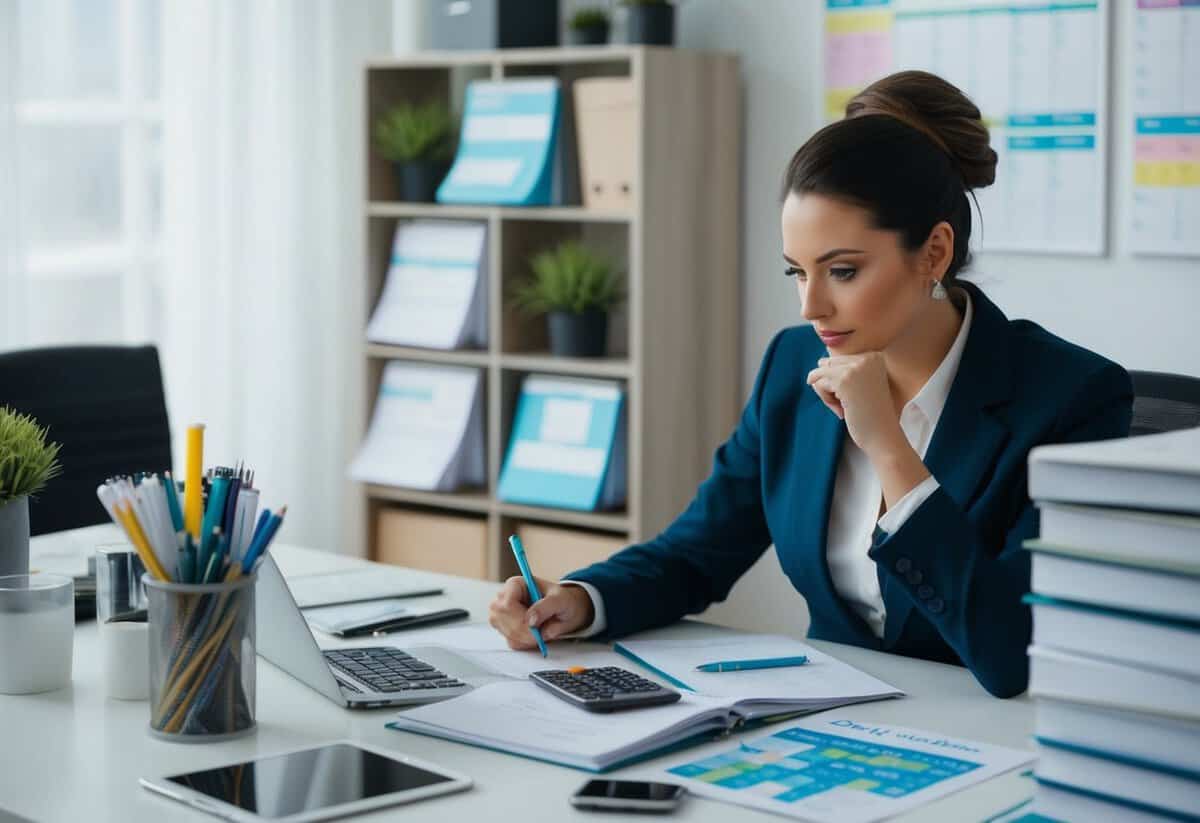 An event planner sits at a desk, surrounded by calendars, budgets, and client notes. They are deep in thought, calculating their annual income
