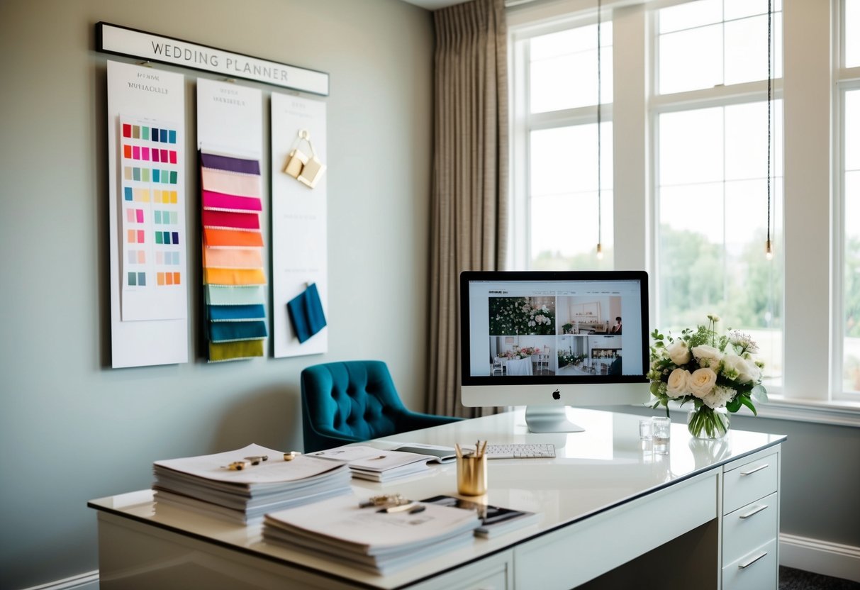 An elegant wedding planner's office with a desk, computer, and wedding magazines. A mood board with color swatches and fabric samples hangs on the wall
