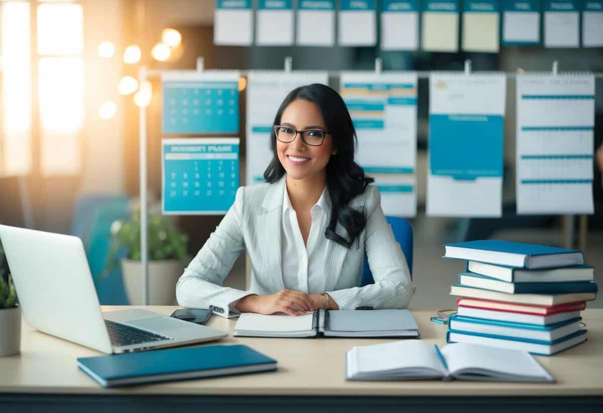 A busy event planner sitting at a desk surrounded by calendars, notebooks, and a laptop. A stack of professional development books sits next to them