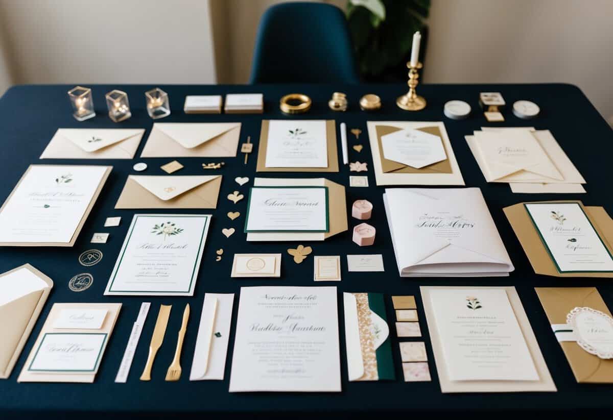 A table with various wedding invitation materials and tools, including paper, envelopes, stamps, and decorative elements, arranged in an organized manner