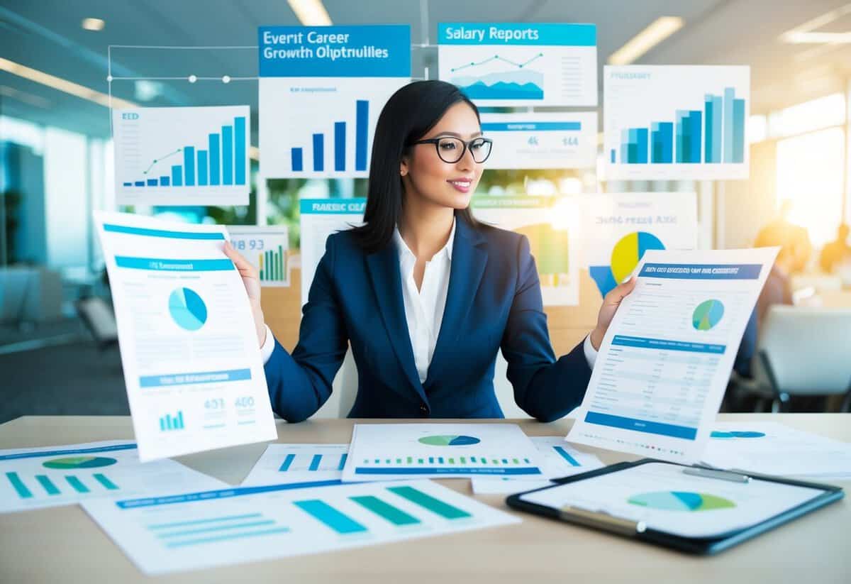 An event planner reviewing financial documents and salary reports, surrounded by charts and graphs indicating career growth and opportunities
