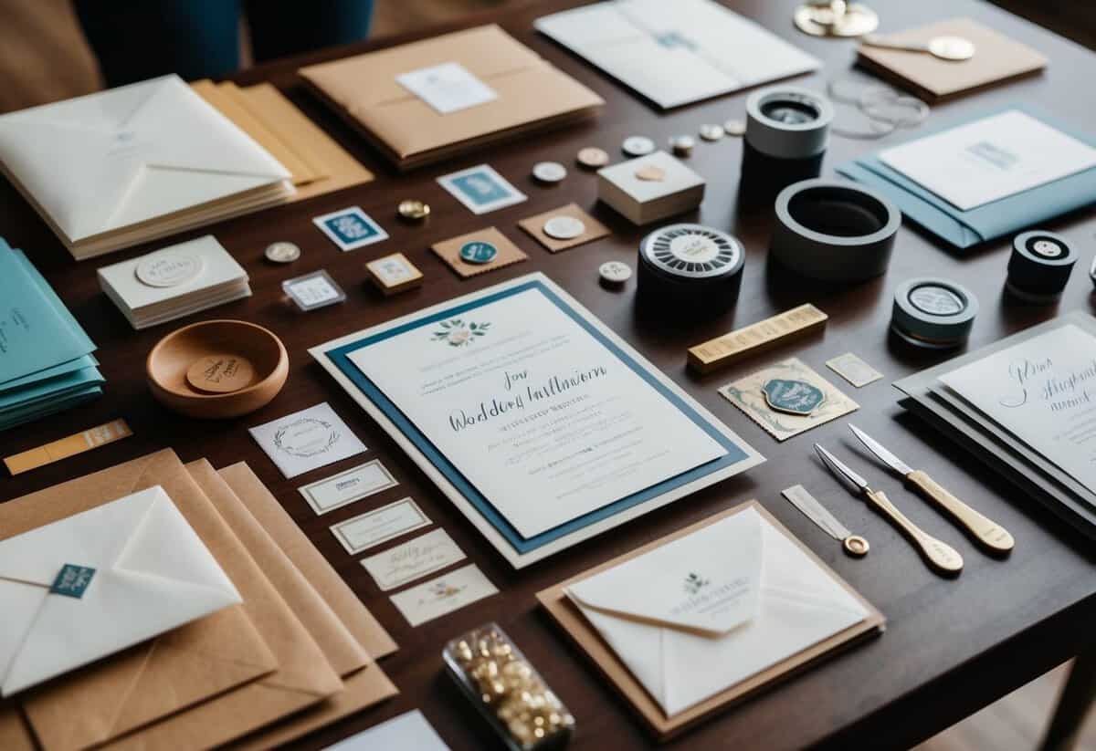 A table with various materials and tools for making wedding invitations for 100 people, including paper, envelopes, stamps, and decorative elements
