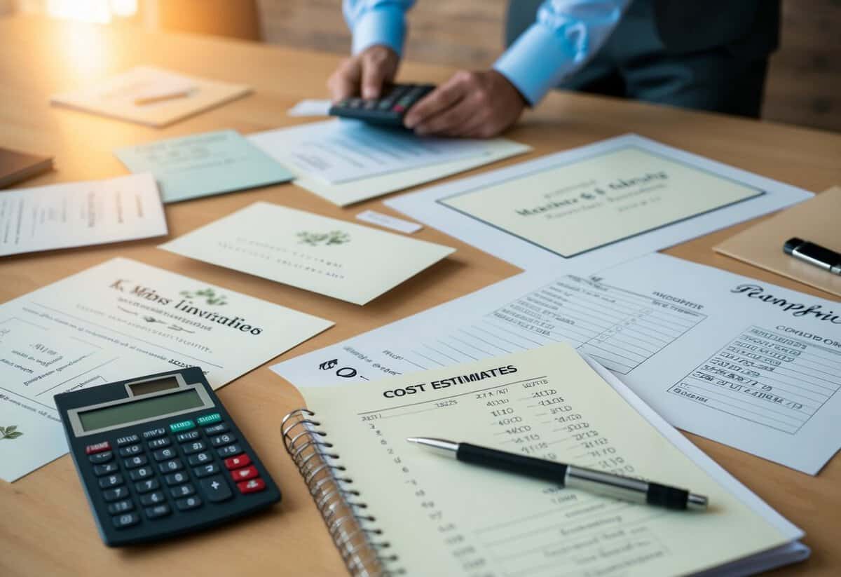 A table with various wedding invitation samples and price lists, along with a calculator and notepad for jotting down cost estimates