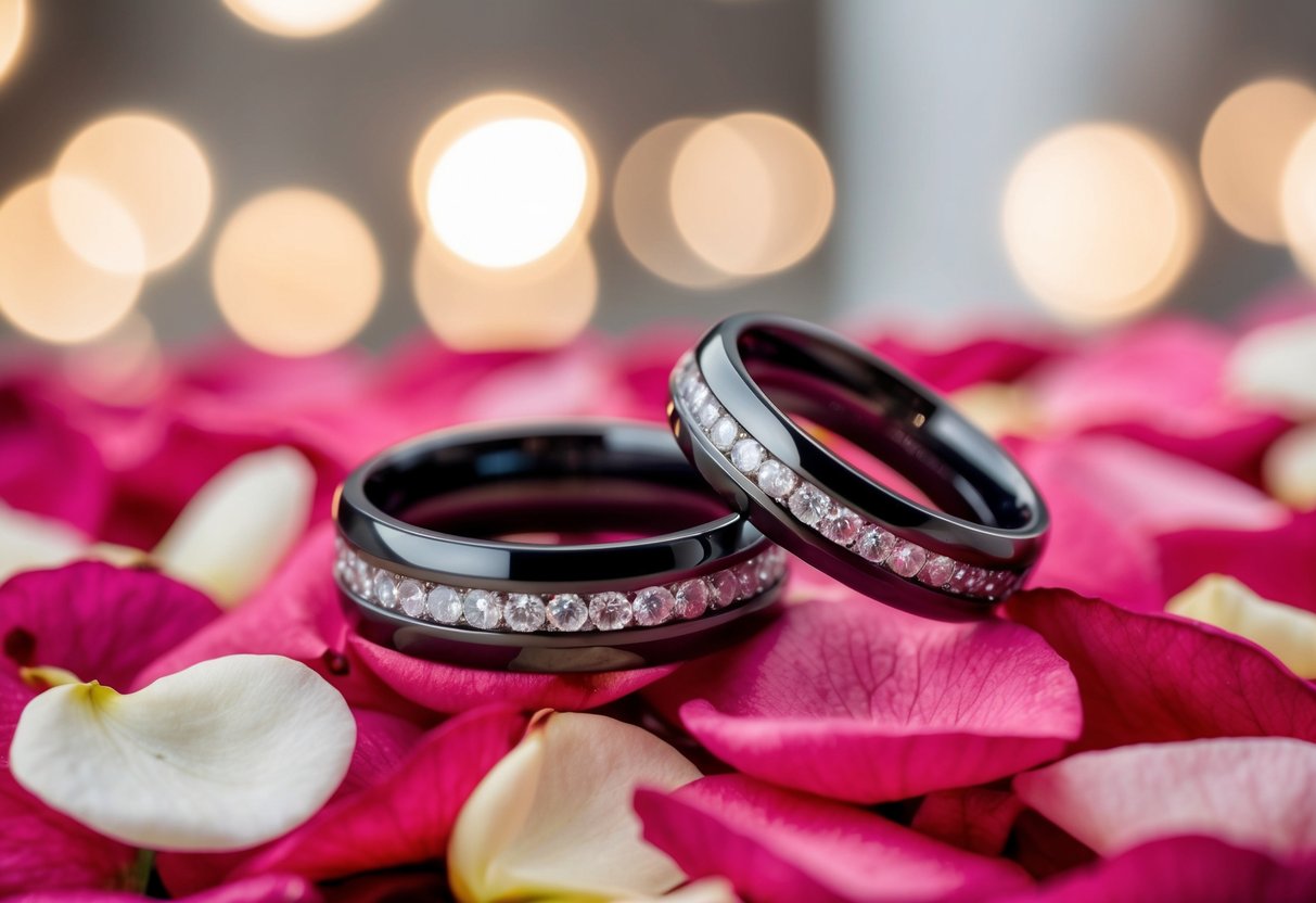 Two wedding rings resting on a bed of rose petals
