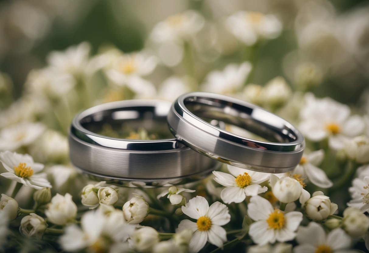 Two interlocking wedding rings resting on a bed of delicate flowers, symbolizing eternal love and commitment