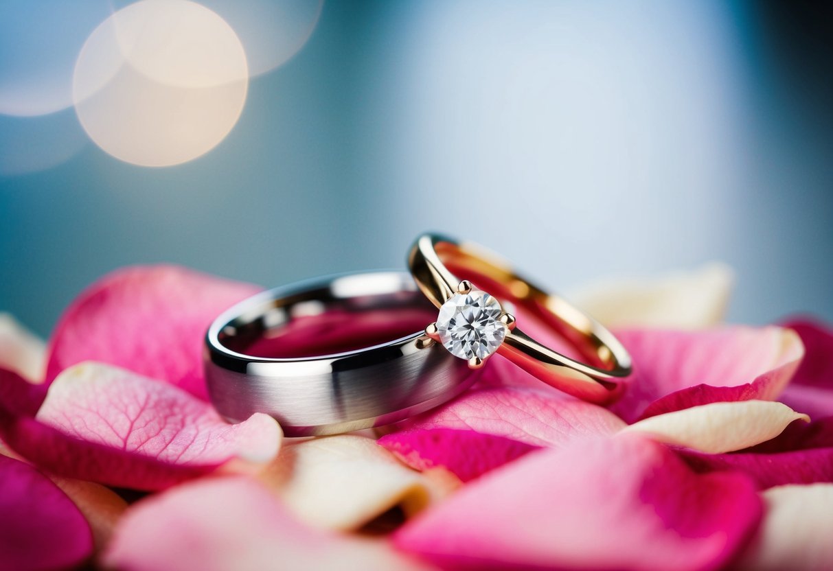 Two wedding rings intertwined, one with a diamond and the other with a simple band, resting on a bed of rose petals
