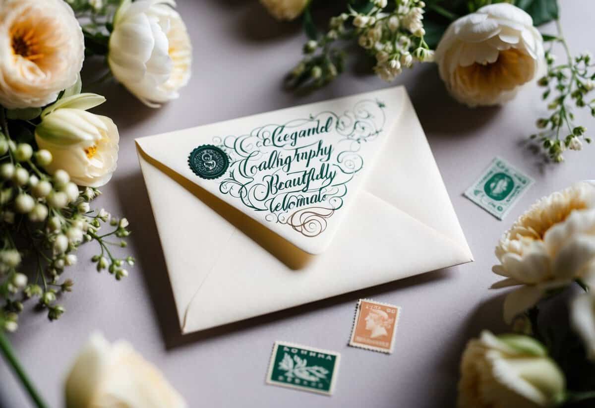A beautifully decorated envelope with elegant calligraphy rests on a table, surrounded by delicate floral arrangements and a vintage stamp