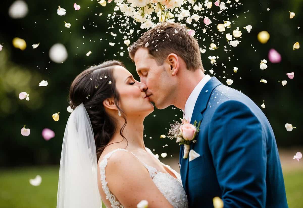 The bride and groom kiss under a shower of flower petals