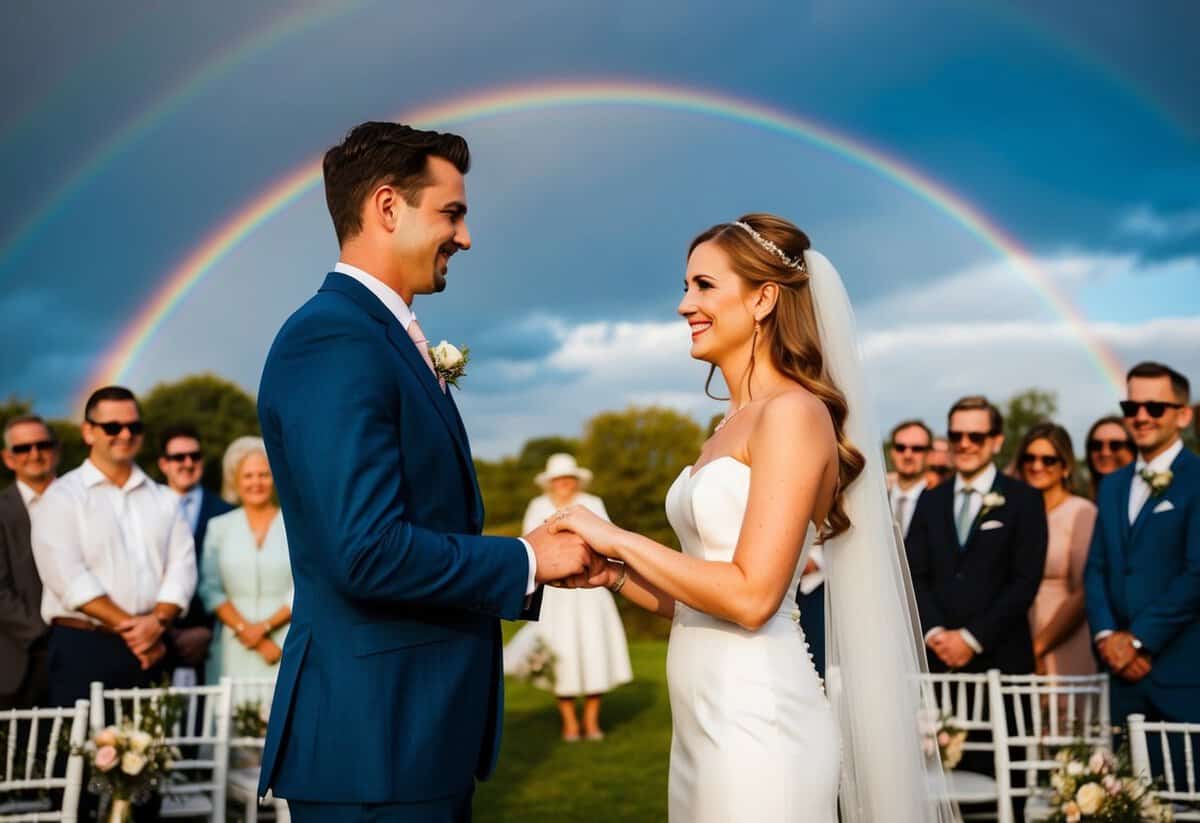 The bride and groom stand in front of a crowd, exchanging vows as a rainbow appears in the sky
