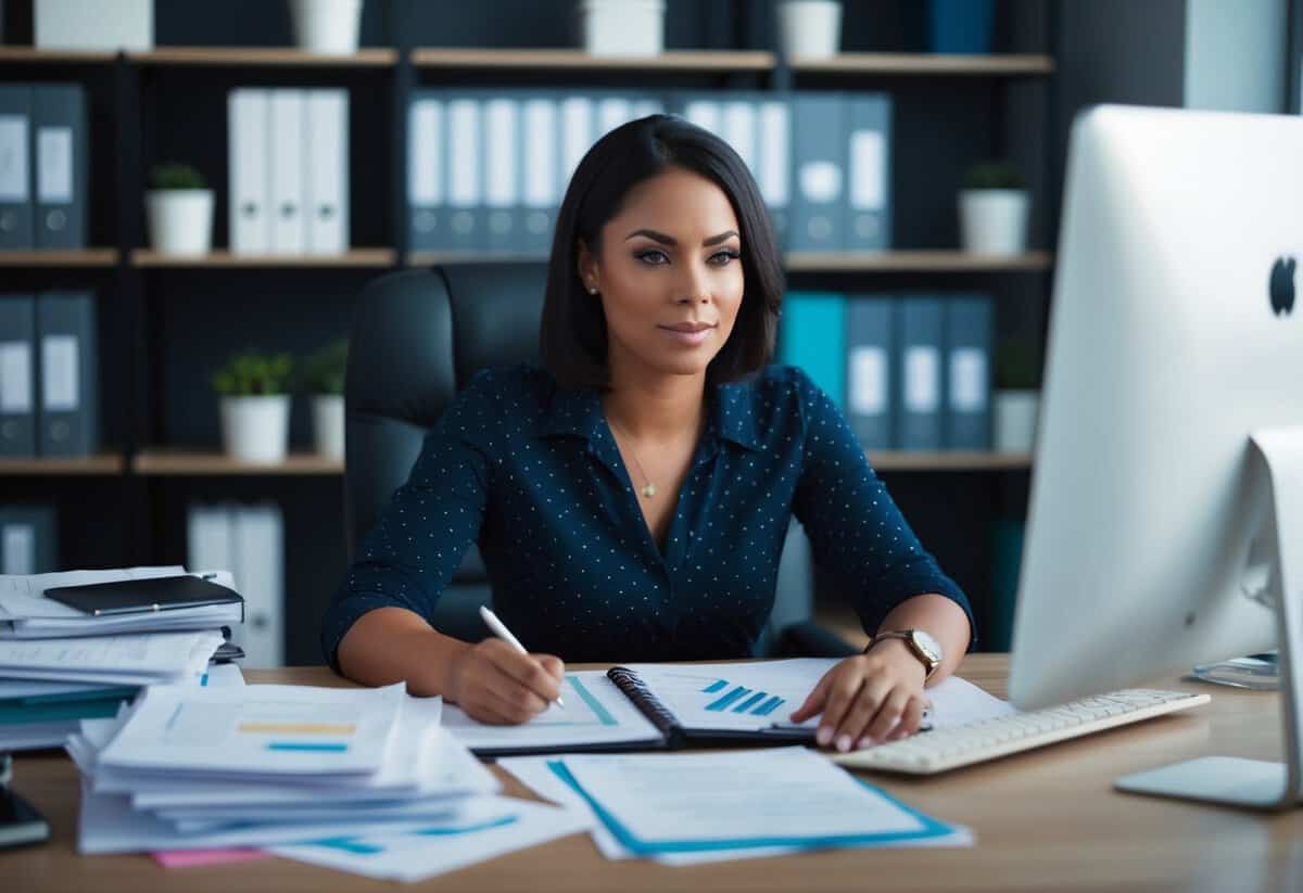 A planner sits at a desk, surrounded by papers and a computer. They are focused on their work, with a determined expression
