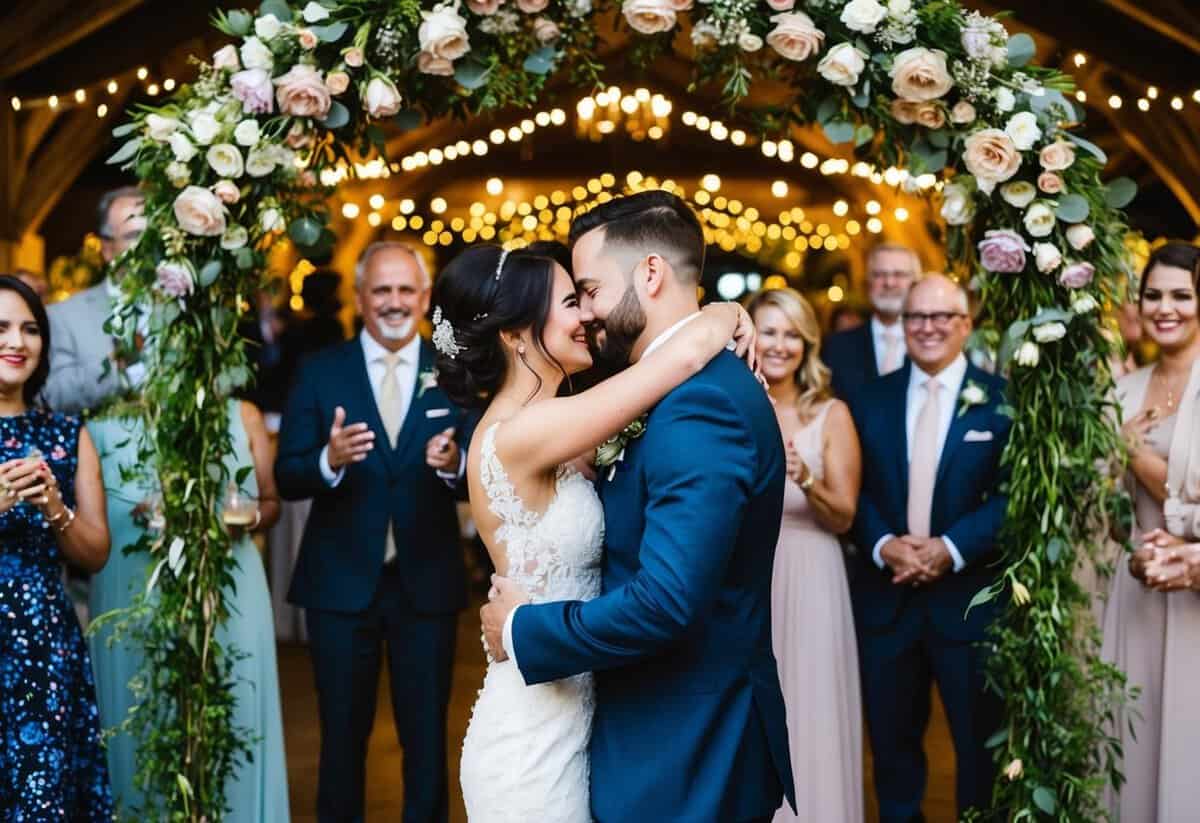 A bride and groom embrace under a floral arch, surrounded by smiling guests and twinkling lights
