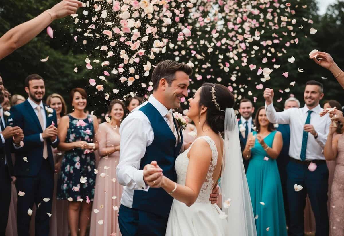 A newlywed couple dances under a shower of rose petals at the end of the wedding celebration