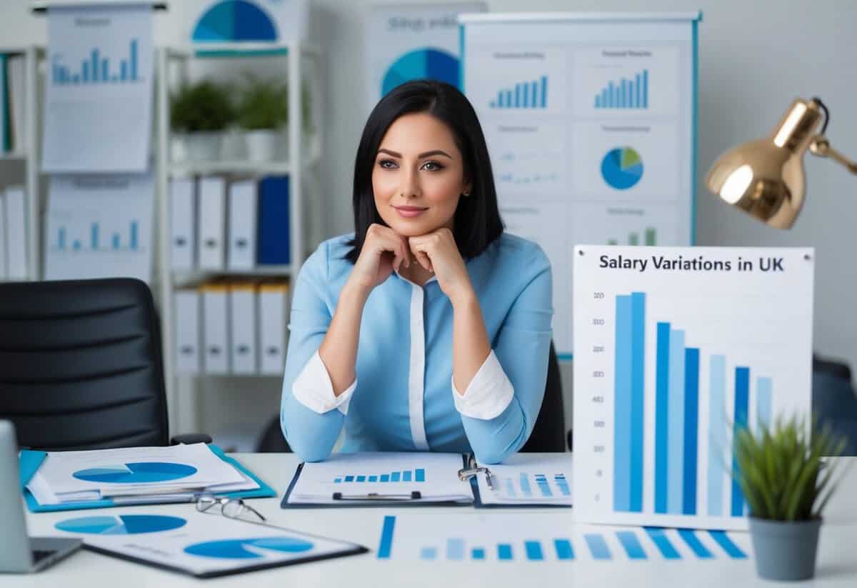 A planner sitting at a desk, surrounded by charts and graphs, pondering salary variations in the UK