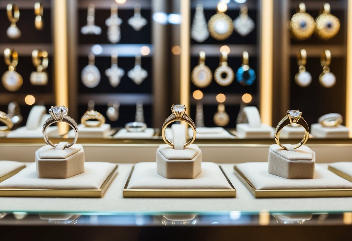 A jewelry store display featuring various rings in different styles and price points