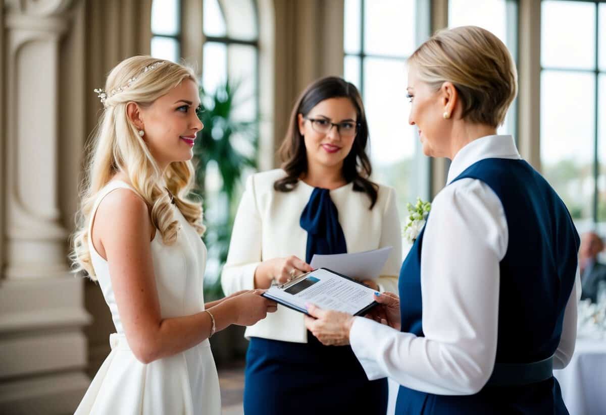 A blonde girl stands in front of a wedding planner, discussing details for an upcoming event