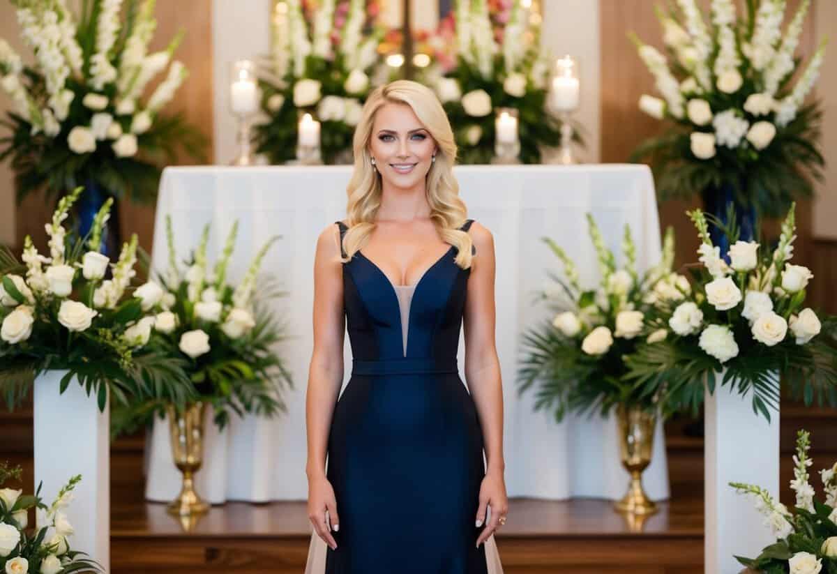 A blonde woman in a formal dress stands in front of a wedding altar, surrounded by flowers and decorative elements