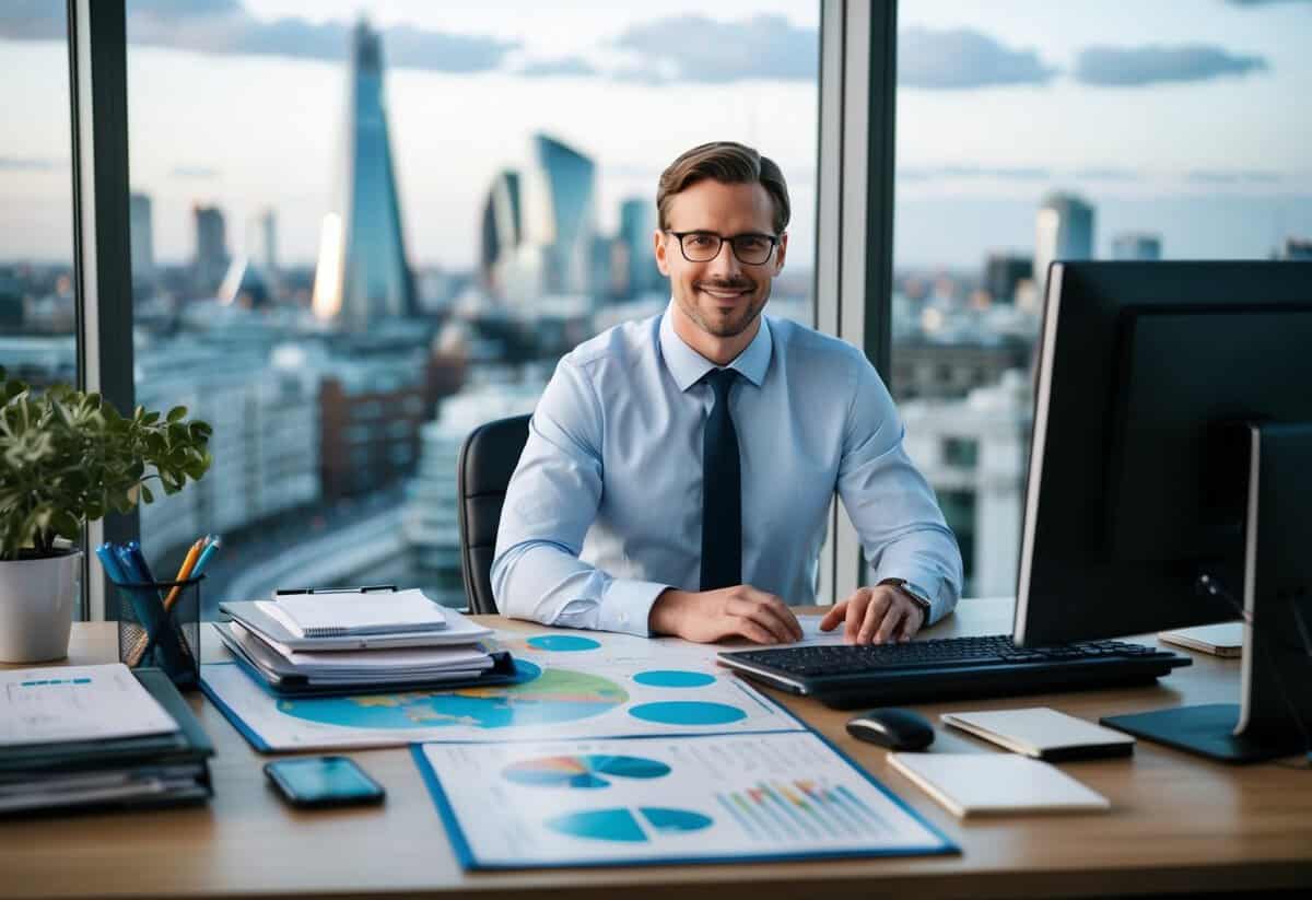 A planner sits at a desk in a London office, surrounded by maps, charts, and a computer. The city skyline is visible through the window