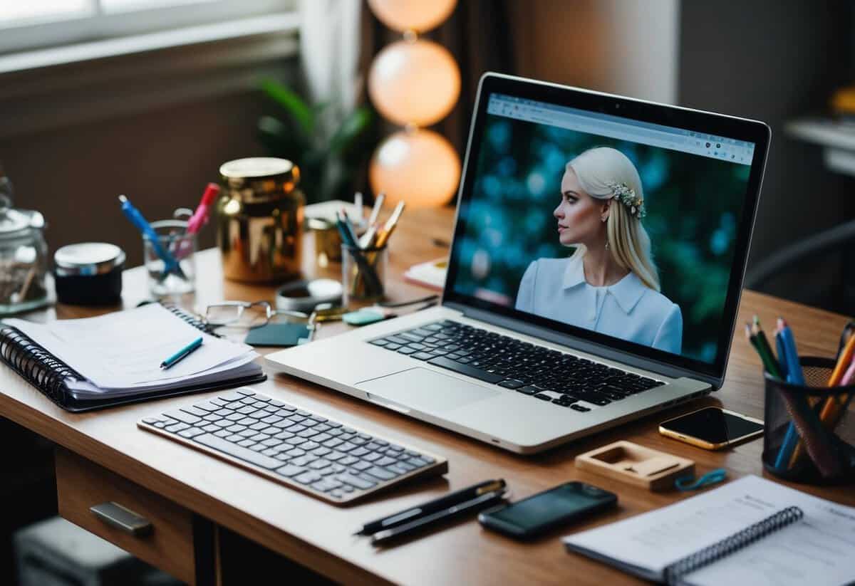 A cluttered desk with wedding planning tools and a laptop open to a profile of a blonde girl
