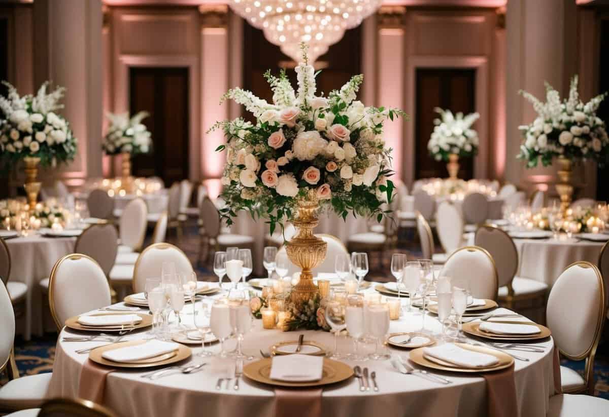 A lavish wedding banquet with elegant decorations and a grand floral centerpiece