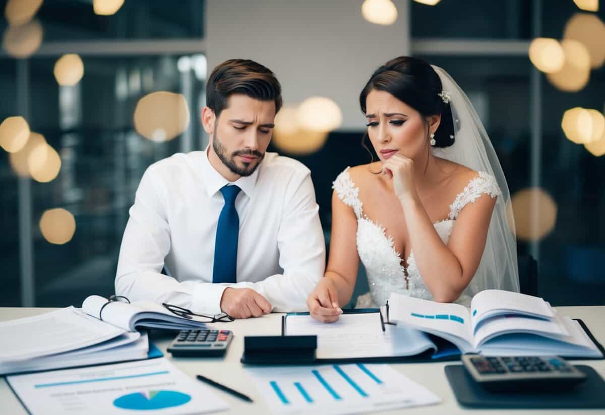 A bride and groom sitting at a table, surrounded by wedding planning books, calculator, and budget spreadsheets, looking stressed and overwhelmed