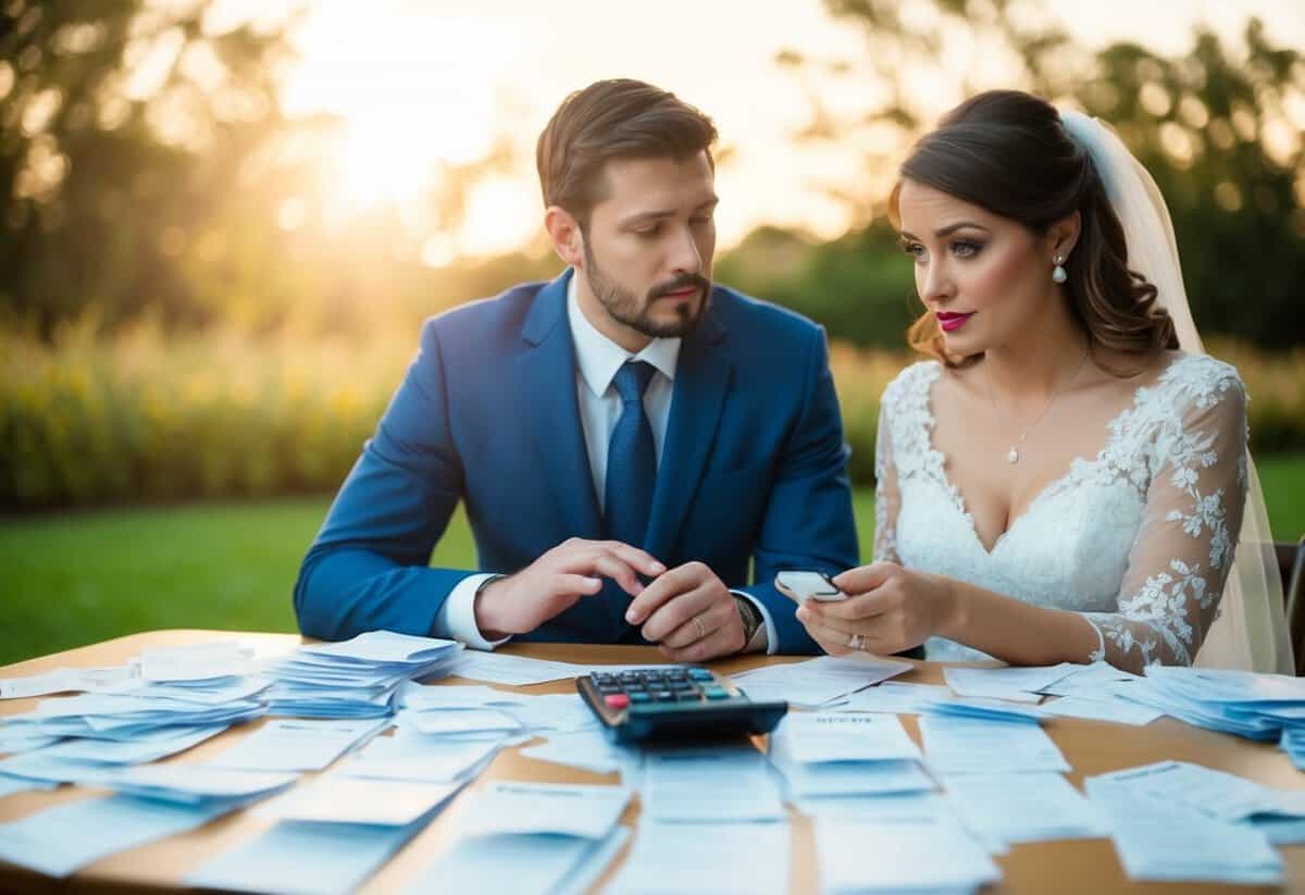 A couple stands in front of a table covered with receipts and a calculator. They look concerned as they discuss wedding expenses