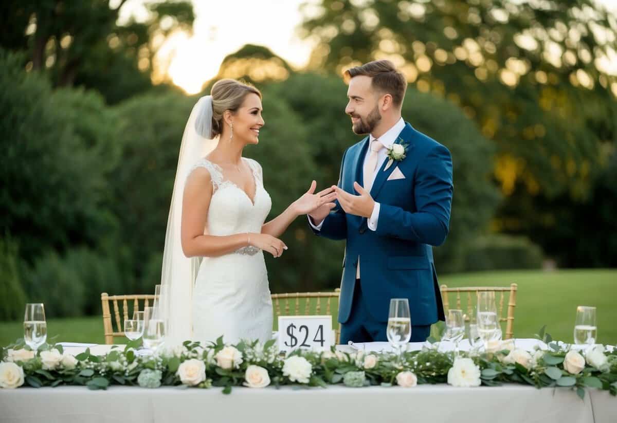 A bride and groom standing in front of a table covered in personalized wedding decorations, debating the cost