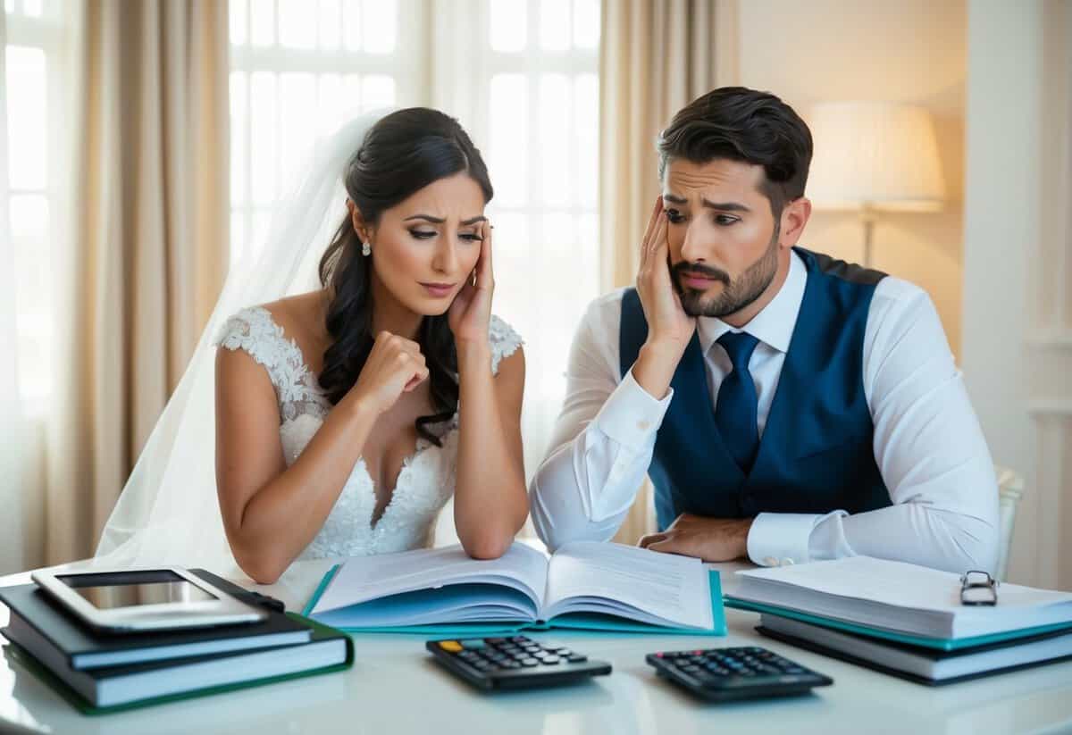 A bride and groom sit at a table surrounded by wedding planning books and calculators, looking stressed as they discuss unexpected costs
