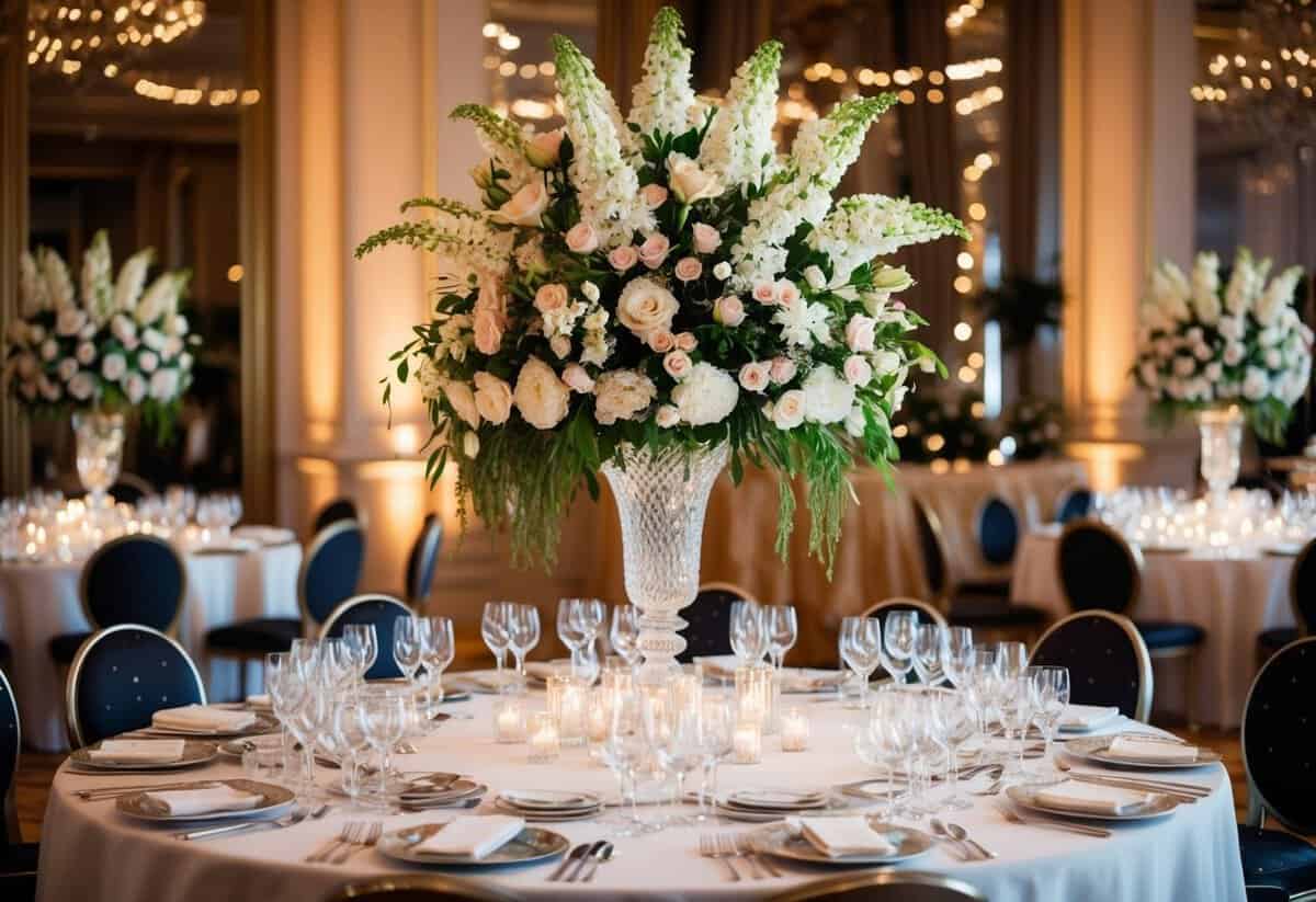 A lavish floral arrangement towers over a grand banquet table, adorned with expensive crystal and silverware, set against a backdrop of opulent decor and twinkling lights