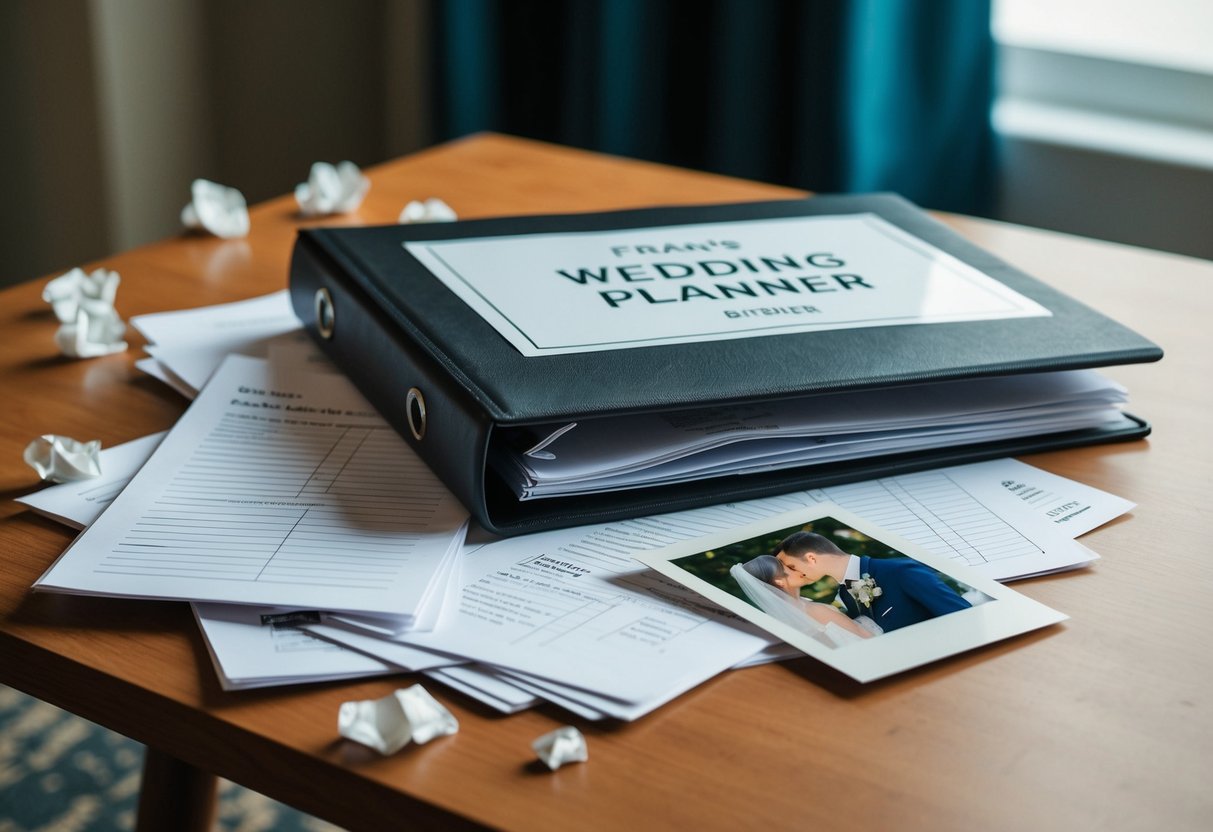 Fran's wedding planner binder lay forgotten on the table, its pages scattered and crumpled. A single tear-stained photo of the bride and groom lay face down on the floor