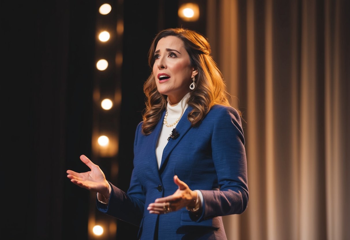 Fran from The Wedding Planner stands alone on a dimly lit stage, her face filled with emotion as she delivers a powerful monologue