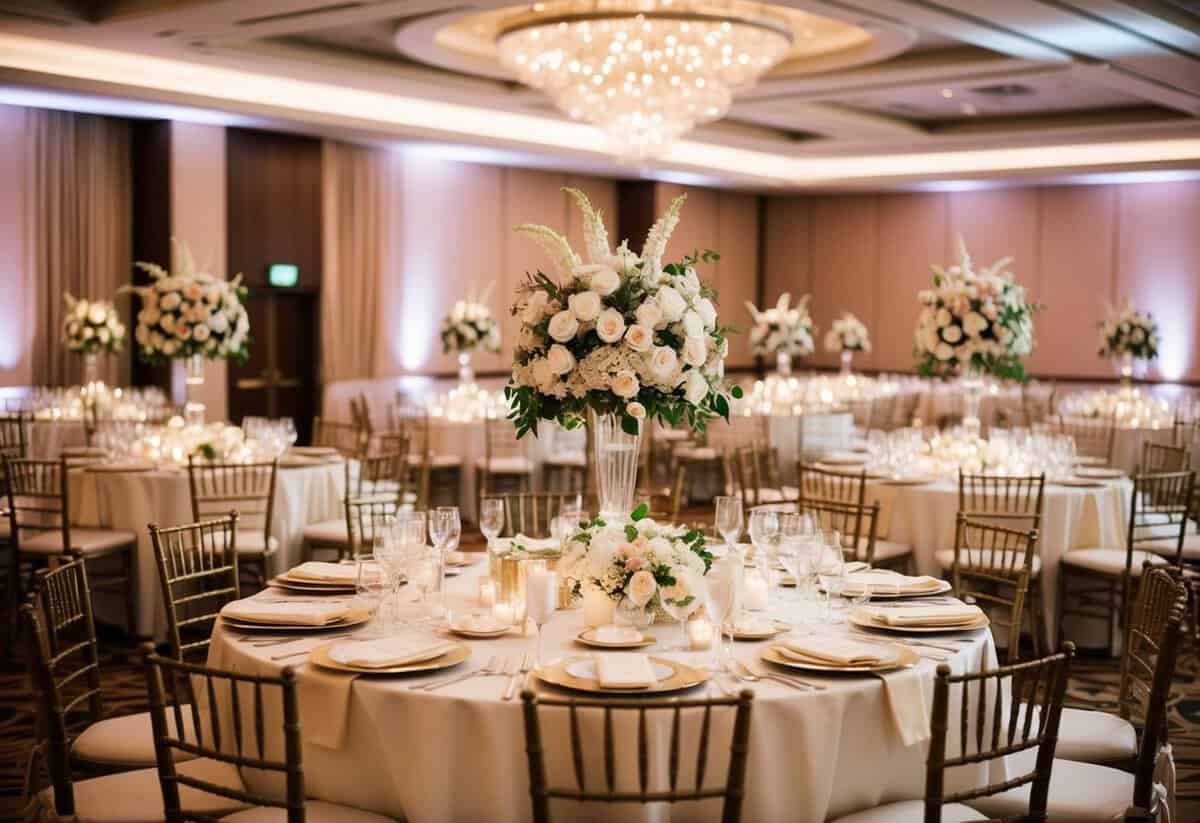 A grand wedding reception with lavish decorations, elegant floral arrangements, and luxurious table settings