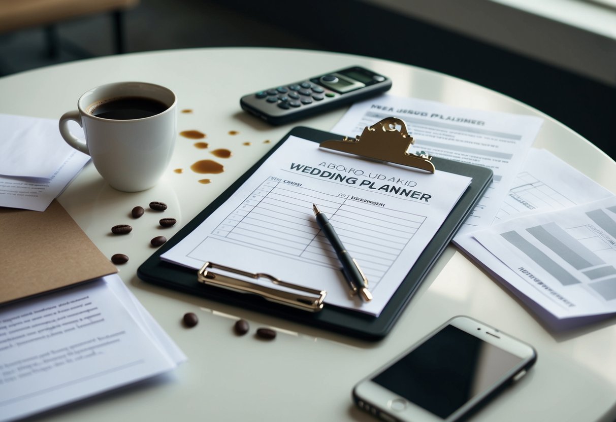 A wedding planner's clipboard lies abandoned on a table, surrounded by scattered papers and a spilled cup of coffee. A phone buzzes unanswered nearby