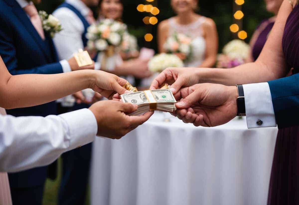 Guests hand over cash gifts at a wedding reception