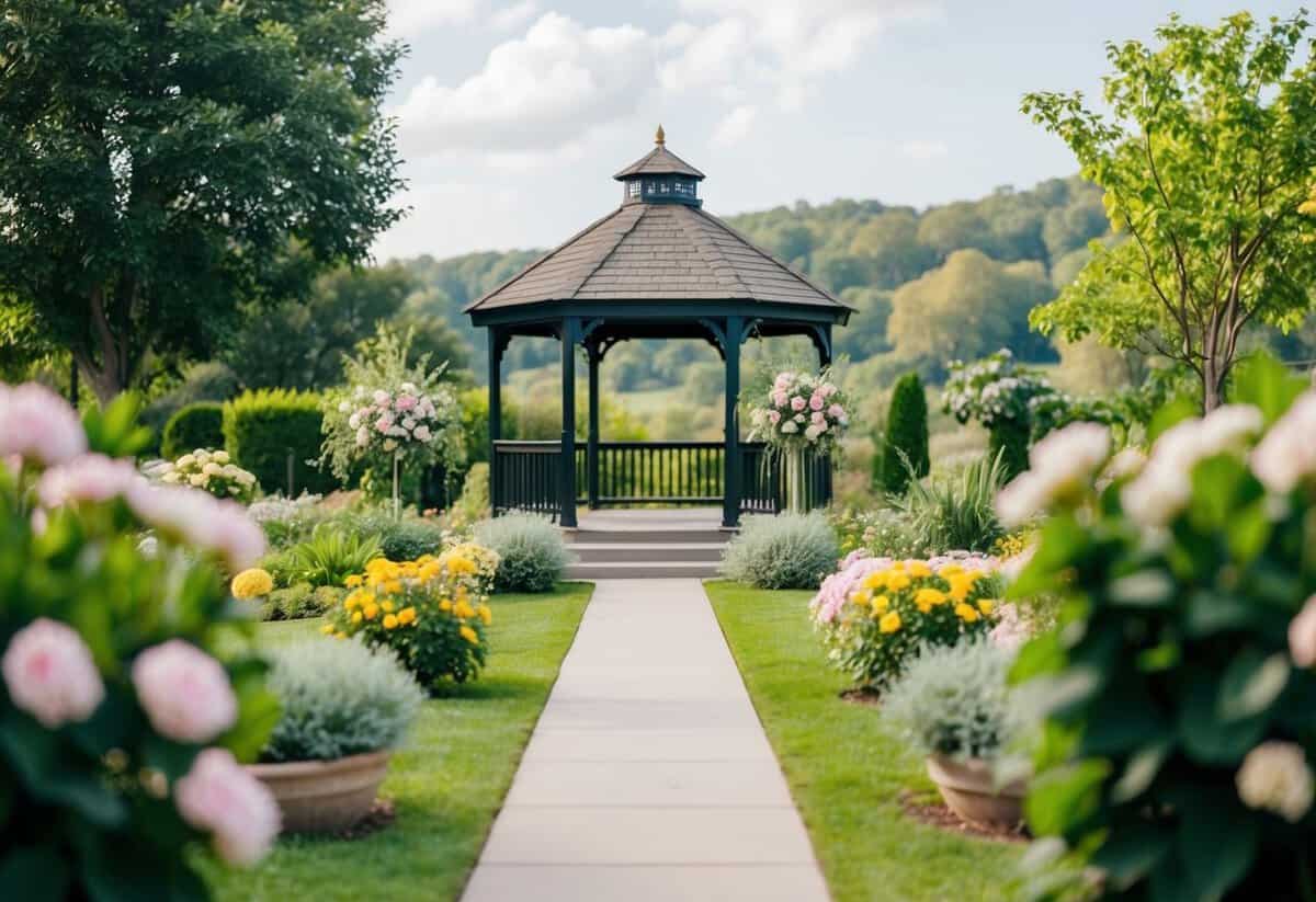 A serene outdoor garden with a gazebo and blooming flowers, surrounded by lush greenery and a picturesque view, creating a perfect setting for a budget-friendly wedding ceremony