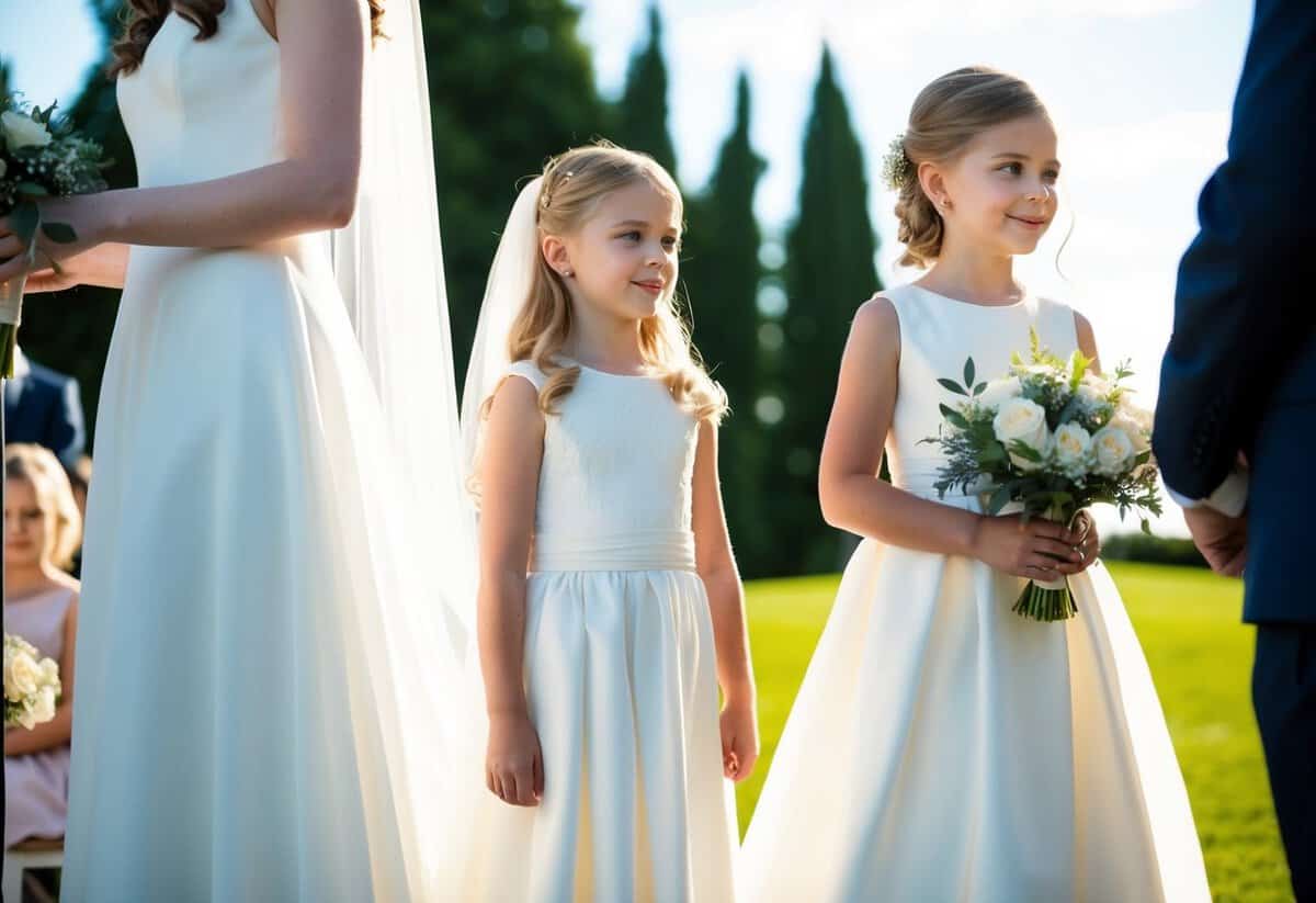 A young girl in a white dress stands next to a bride, holding a bouquet of flowers. The sun shines down on the outdoor wedding ceremony