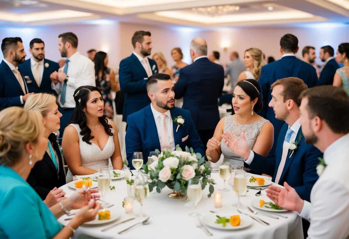 A group of guests at a wedding reception, discussing and debating whether they should be expected to contribute financially towards the wedding expenses