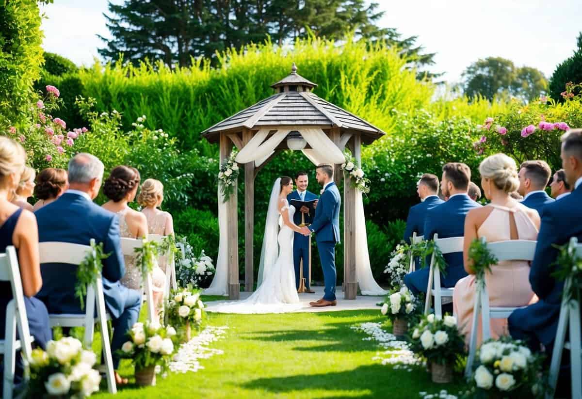 An outdoor wedding ceremony in a lush garden with a gazebo, surrounded by blooming flowers and greenery. A rustic wooden arch stands at the altar, adorned with delicate fabric and fresh flowers
