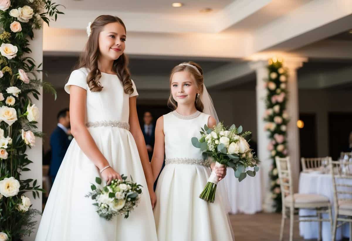 A young girl in a formal dress stands beside a bride, holding a bouquet. The setting is a beautifully decorated wedding venue with flowers and elegant decorations