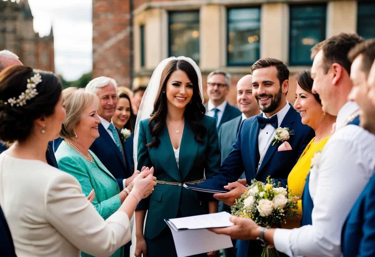 A young woman stands beside a wedding planner, surrounded by guests and receiving congratulations