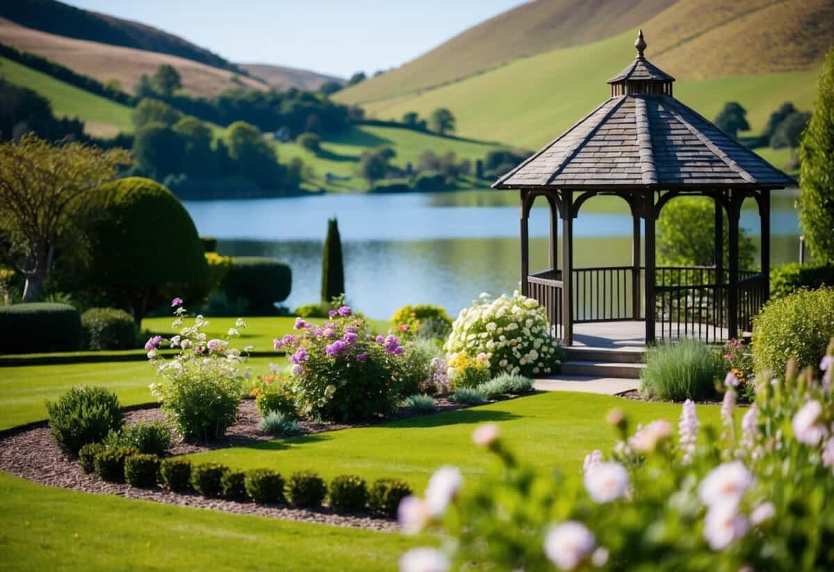 A serene garden with a gazebo and blooming flowers, surrounded by rolling hills and a tranquil lake