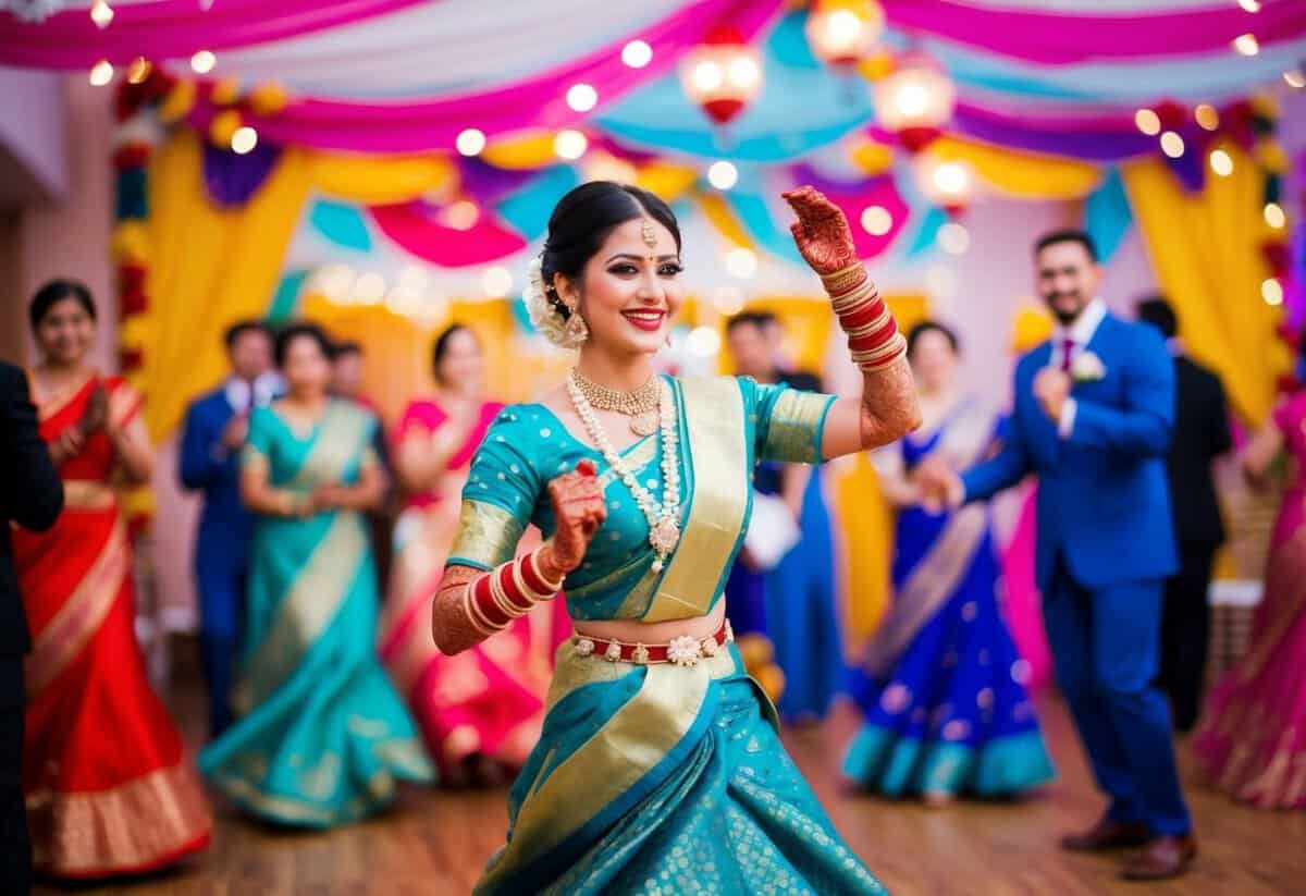 A young woman dancing at a wedding, surrounded by vibrant colors and traditional decorations