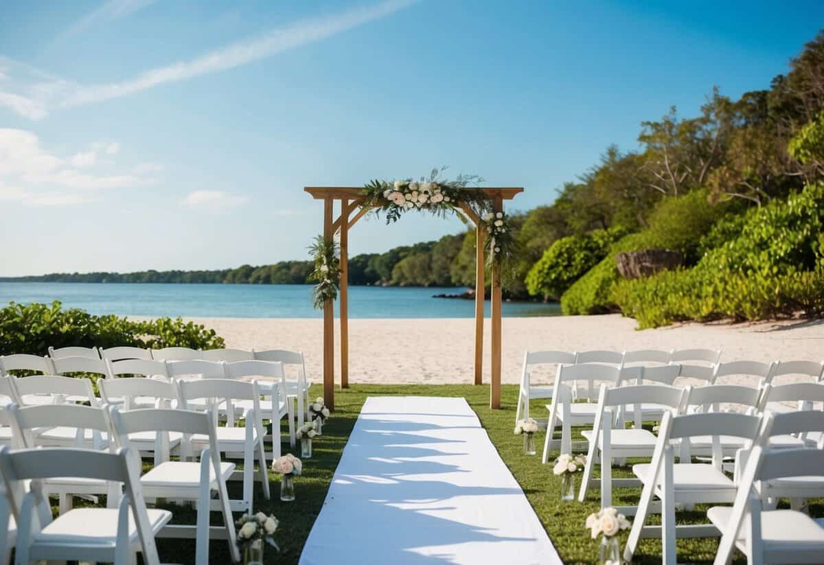 A serene beach with a simple wooden arch and white chairs set up for a wedding ceremony, surrounded by lush greenery and a clear blue sky