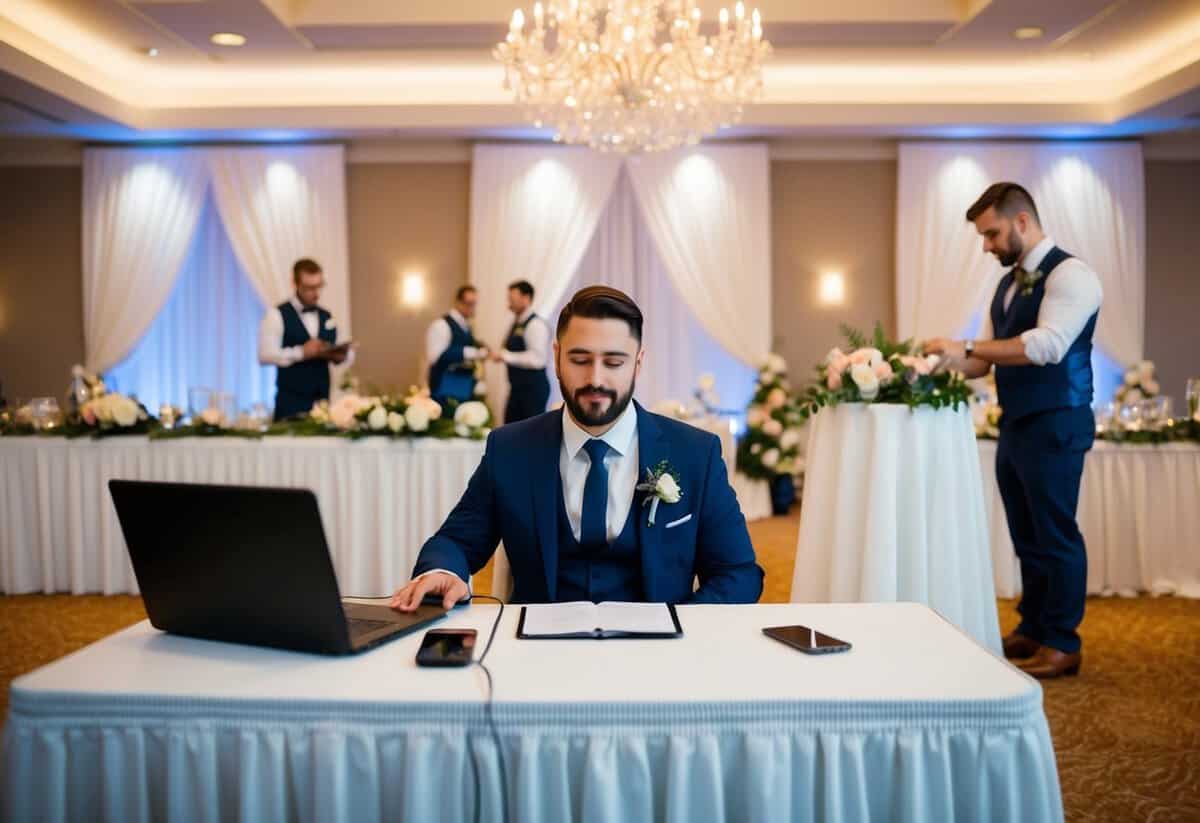 A wedding planner sits at a desk with a laptop and phone, while a wedding decorator arranges flowers and drapes in a reception hall