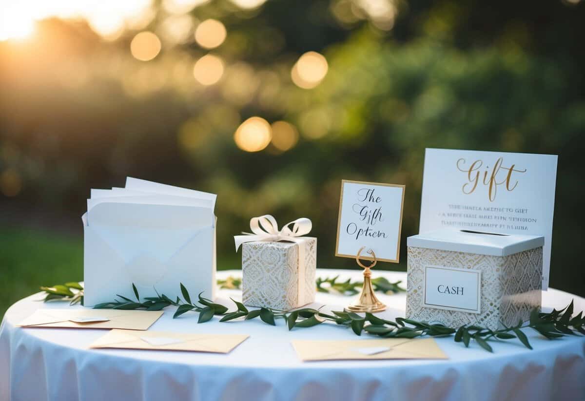 A wedding gift table with envelopes and cards, a decorative box for cash, and a sign indicating it as a gift option